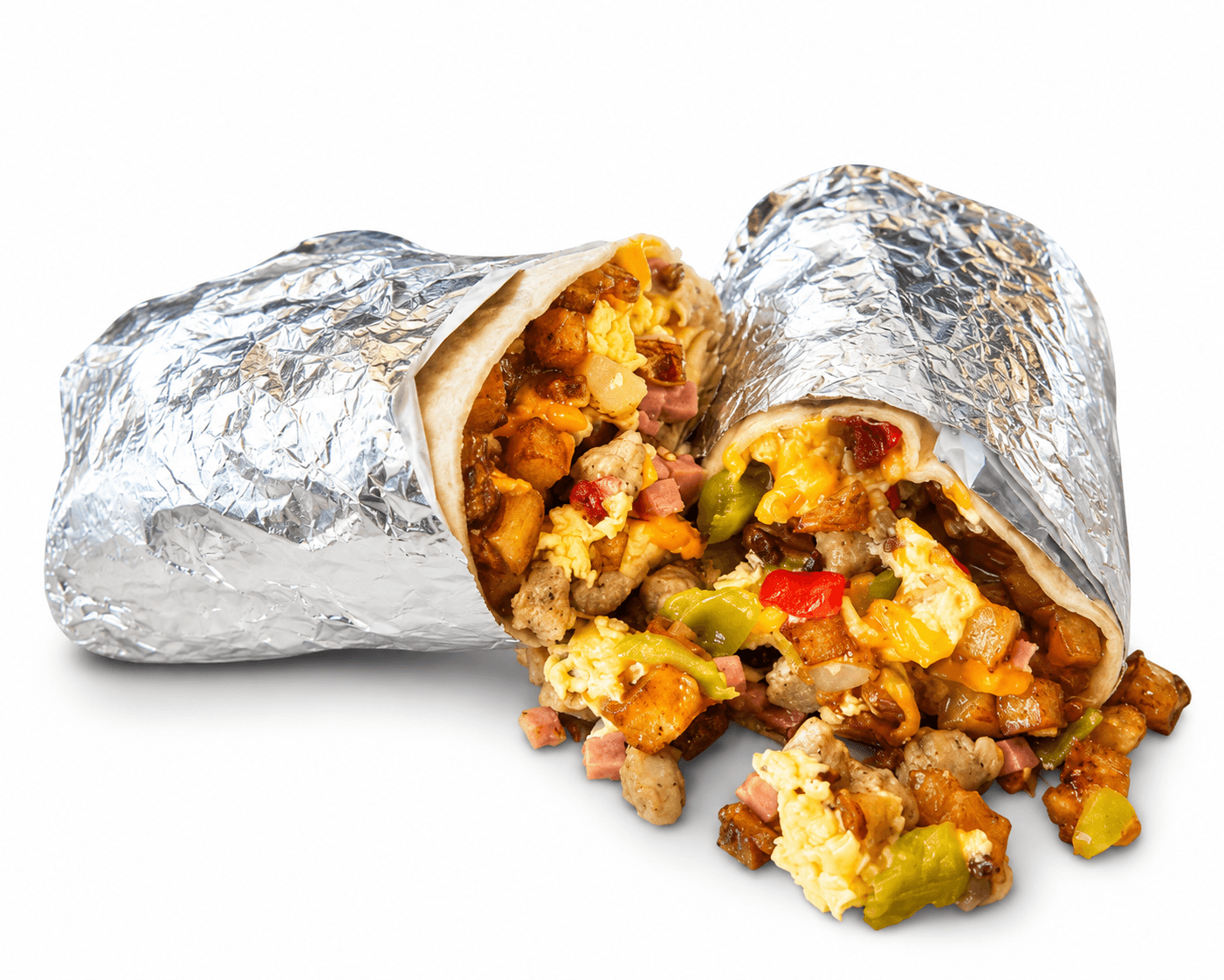 Meat Lovers breakfast burrito loaded with green chile