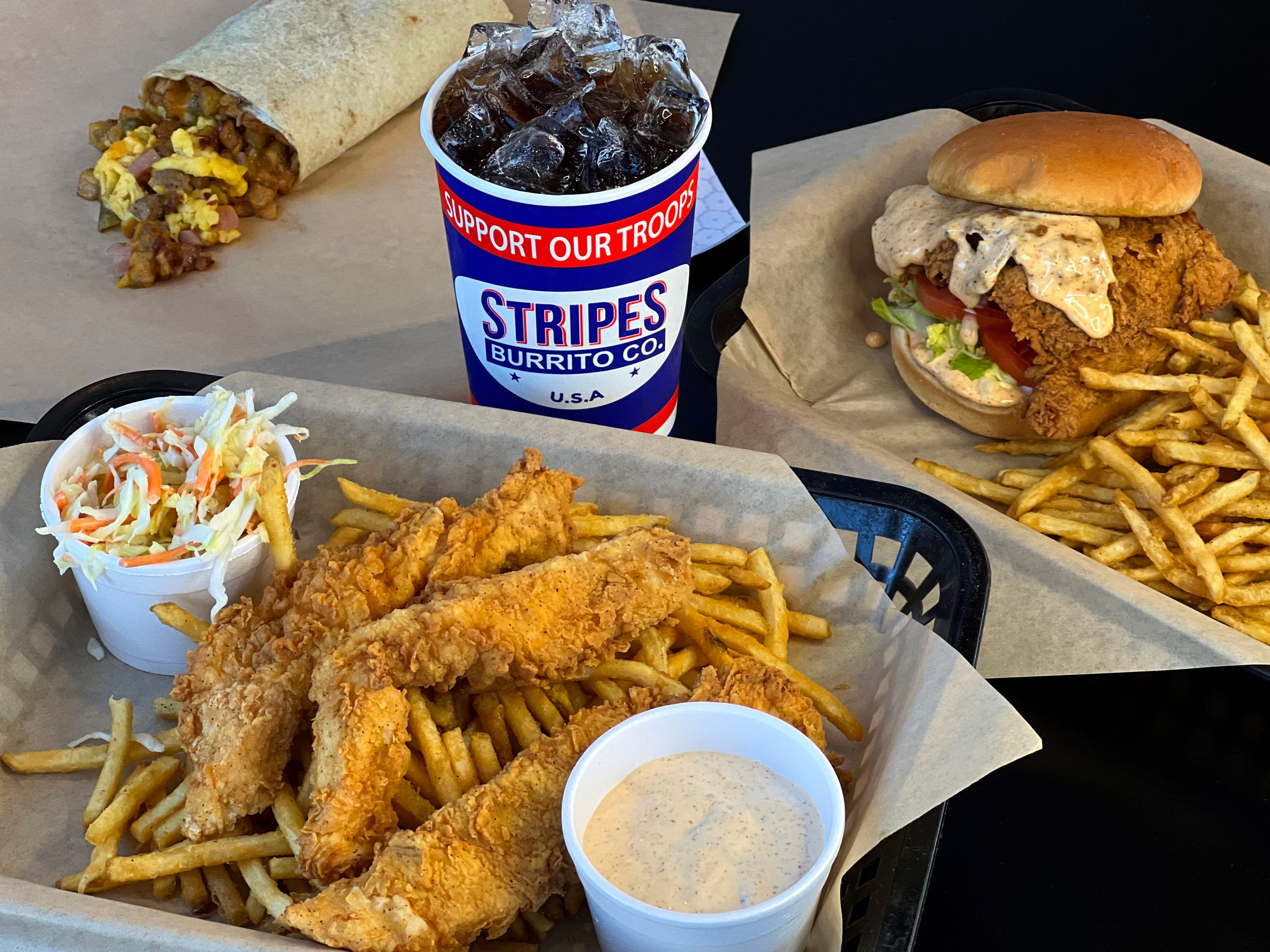 Stripes catering β chicken tenders, sandwich, fries