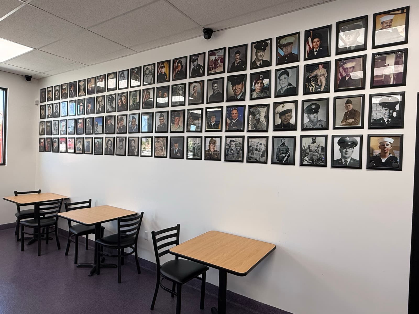 Long veterans wall above the dining area