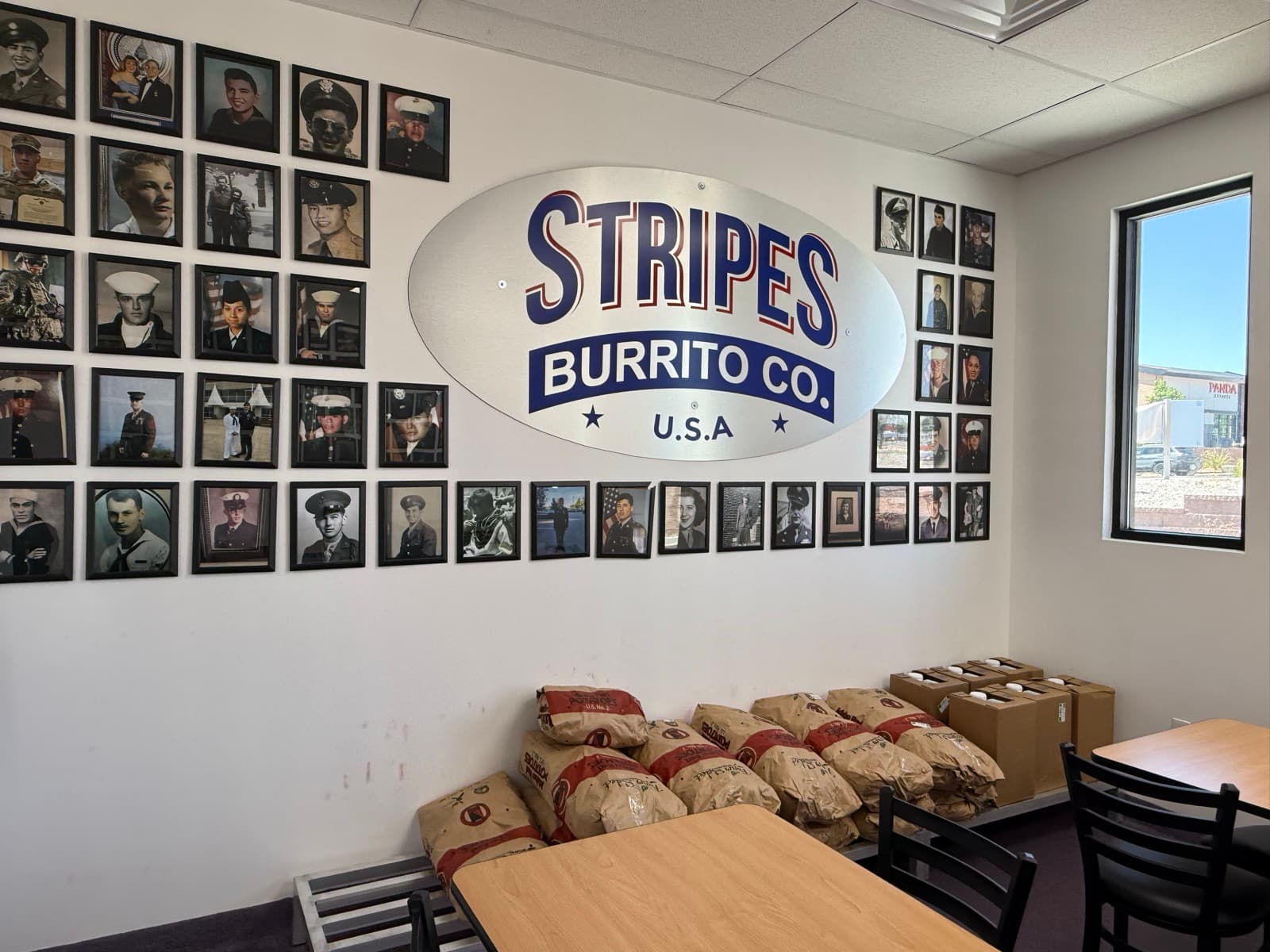 Veterans wall around the Stripes Burrito Co. USA centerpiece